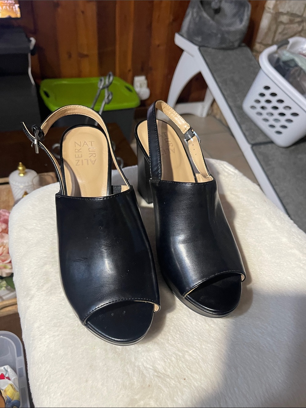 Naturalizer Black Peep-Toe Slingback Block Heels